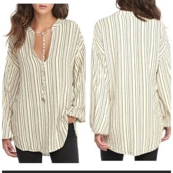 FREE PEOPLE Rhythm of the Night Striped Bishop Sleeve Crepe Tunic Top Size S - Picture 10 of 11